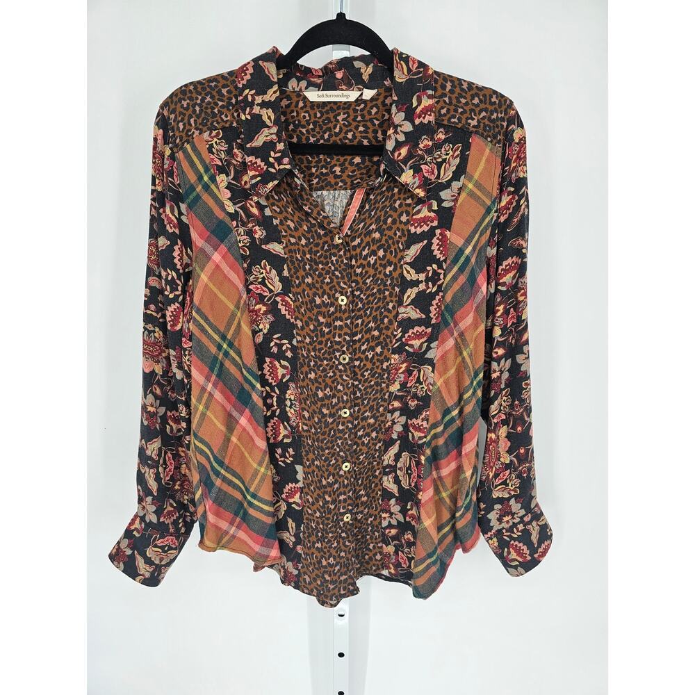 Soft Surrounding Women's Button Down Multicolor Collared Printed Top Size L